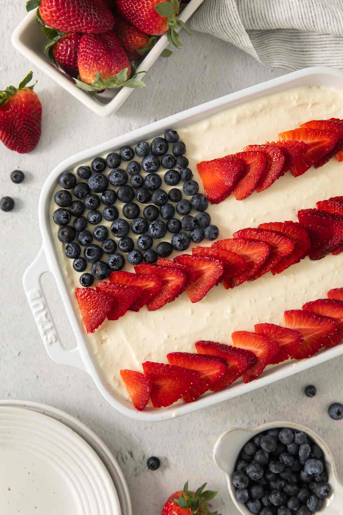 Red, White and Blue Oreo Dirt Dessert with strawberries and blueberries