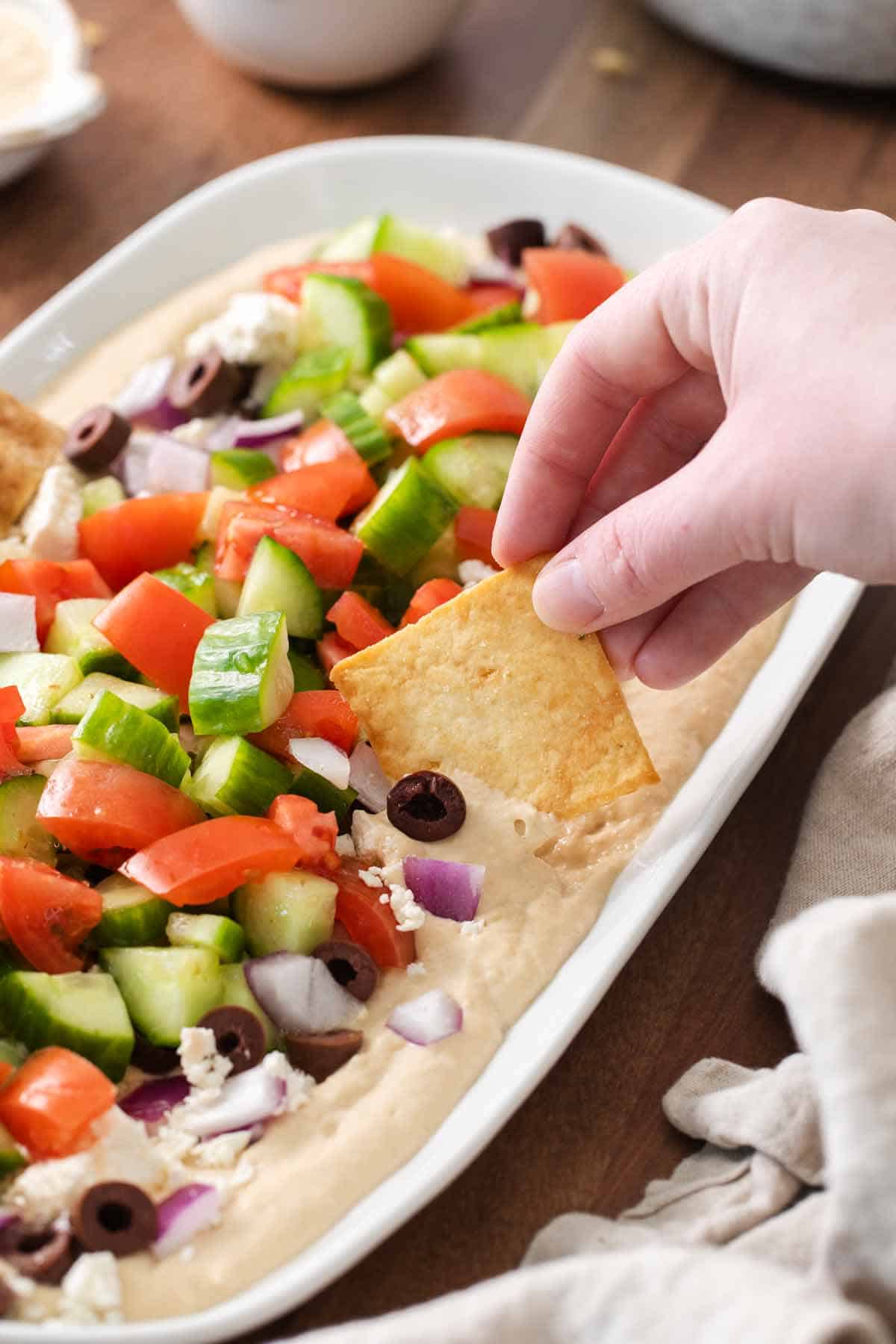 Greek Layered Hummus Dip with Pita Chips