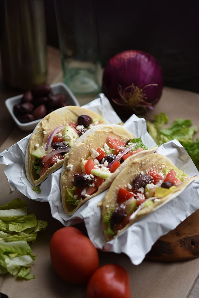 Mediterranean Veggie Tacos - No cooking required! Done in 10 minutes.