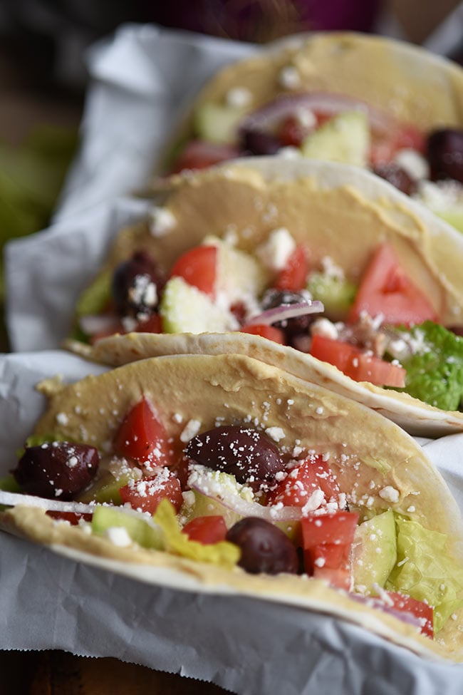 Mediterranean Veggie Tacos - No cooking required! Done in 10 minutes.