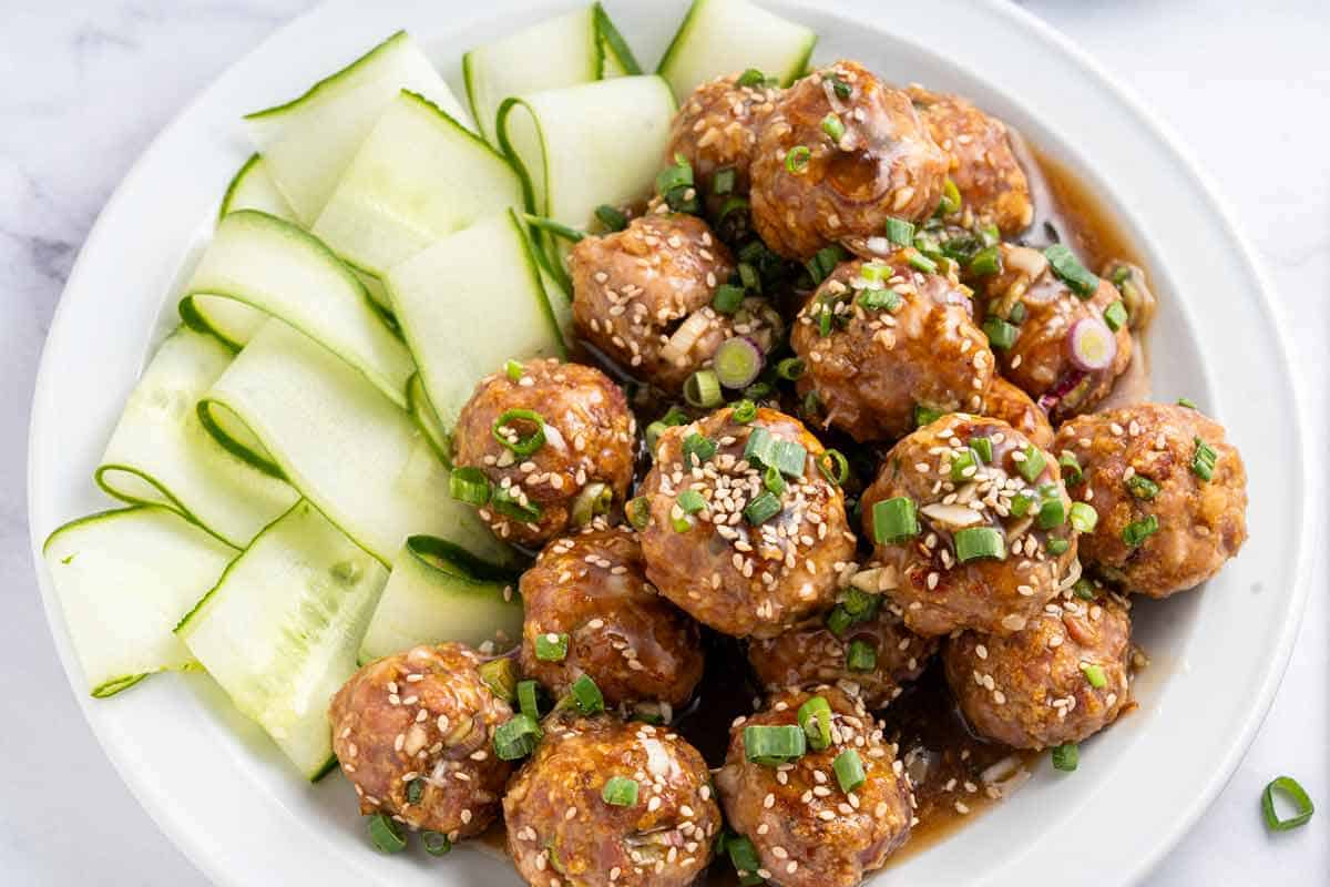 Asian Pork Meatballs with Cucumber Ribbons