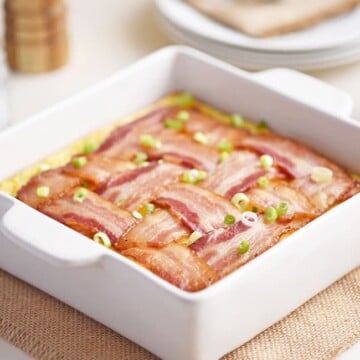 Bacon lattice breakfast casserole in 8x8 dish