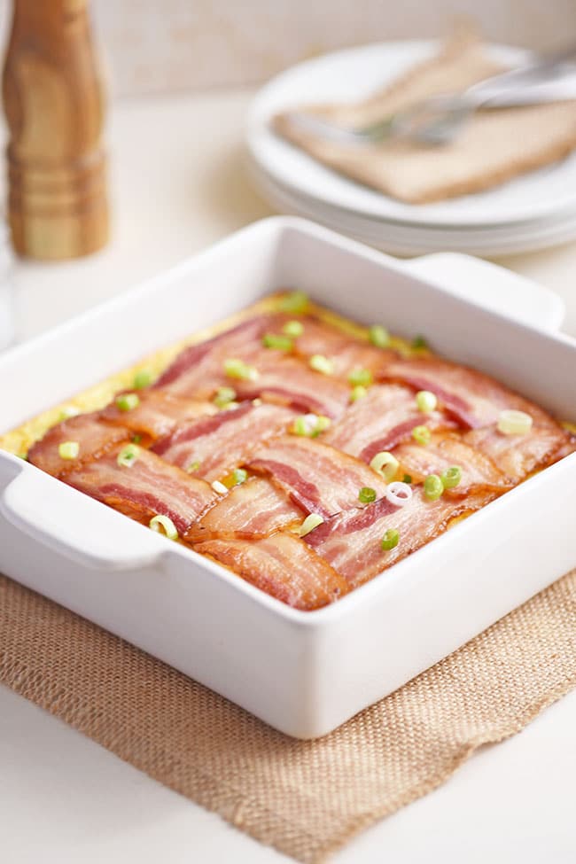 Bacon lattice breakfast casserole in 8x8 dish