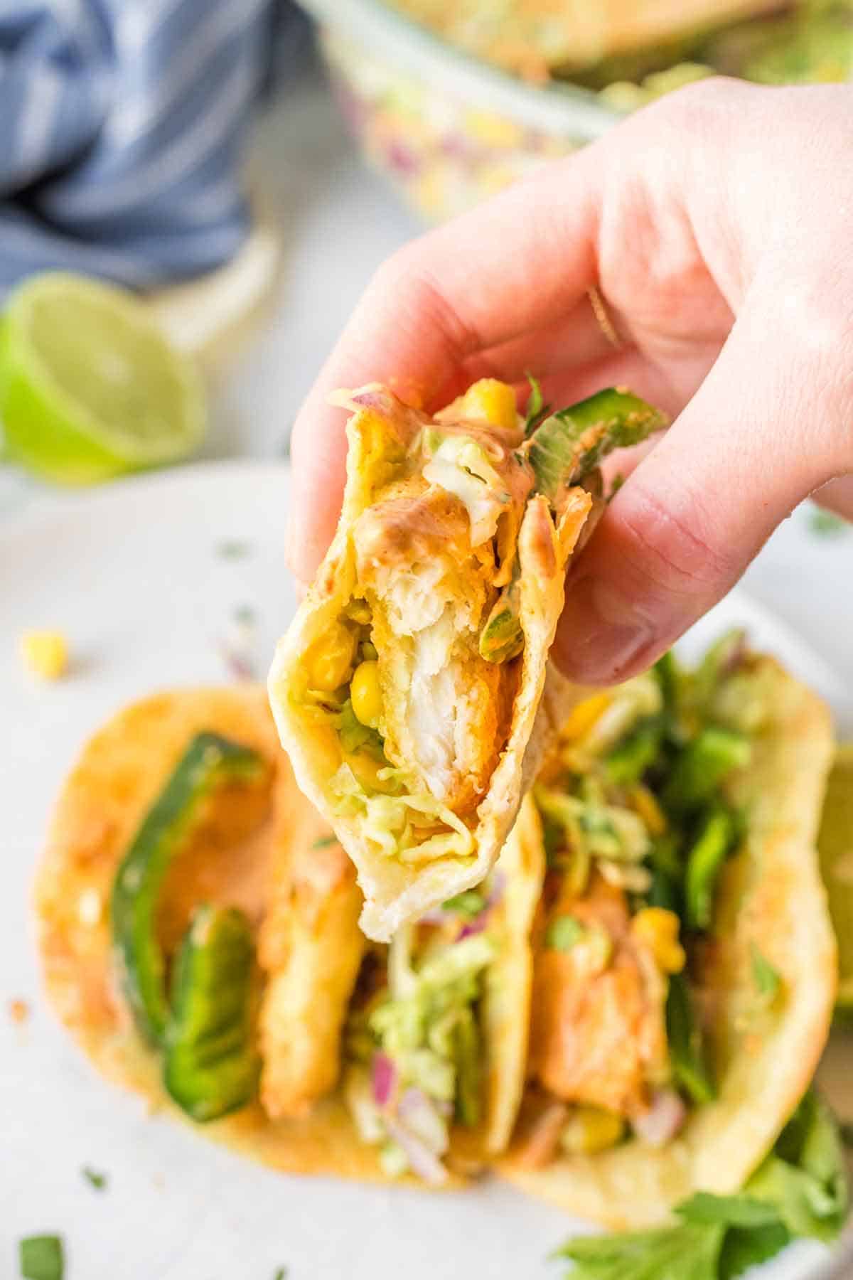 Baja Fish Stick Tacos with Avocado Corn Slaw