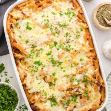 Cheesy Baked Ziti with Ground Beef and Ricotta Cheese