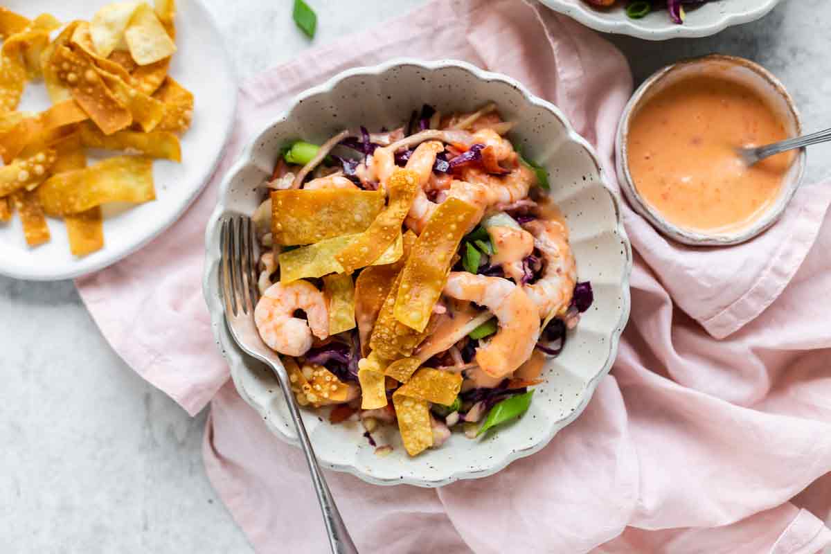 Bang Bang Shrimp Bowl with Wonton strips