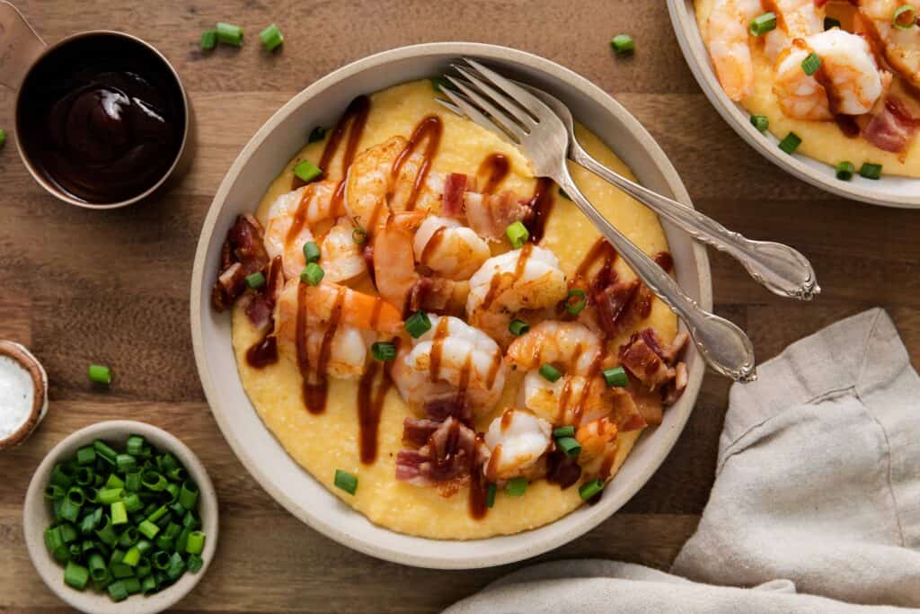 Cheese Bacon and Barbecue Shrimp and Grits