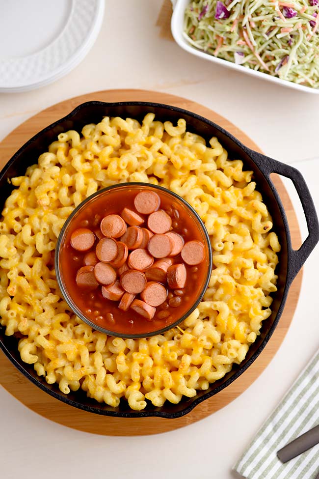 Franks and Beans with Mac and Cheese