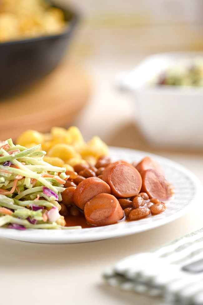 Franks and Beans with Mac and Cheese