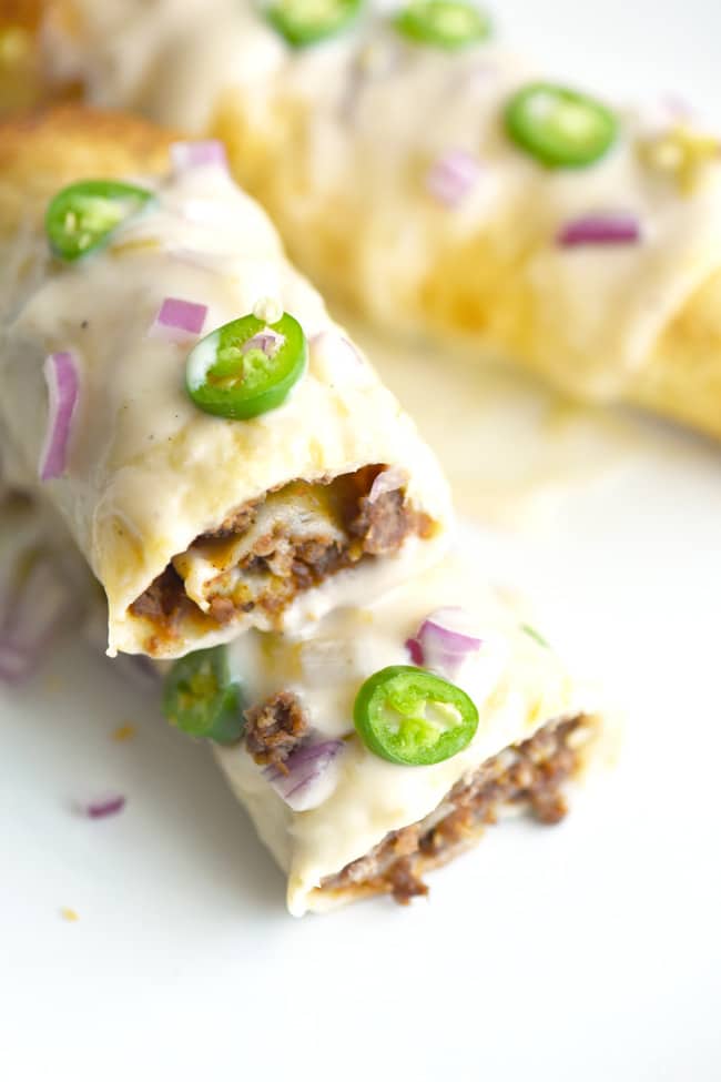 Oven Fried Beef and Bean Taquitos with Queso