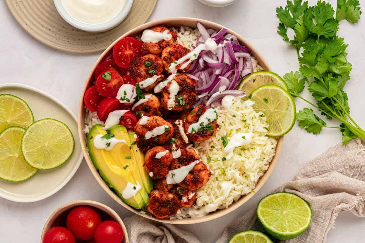 Blackened Shrimp Bowl with Creamy Lime Sauce, Rice and Veggies