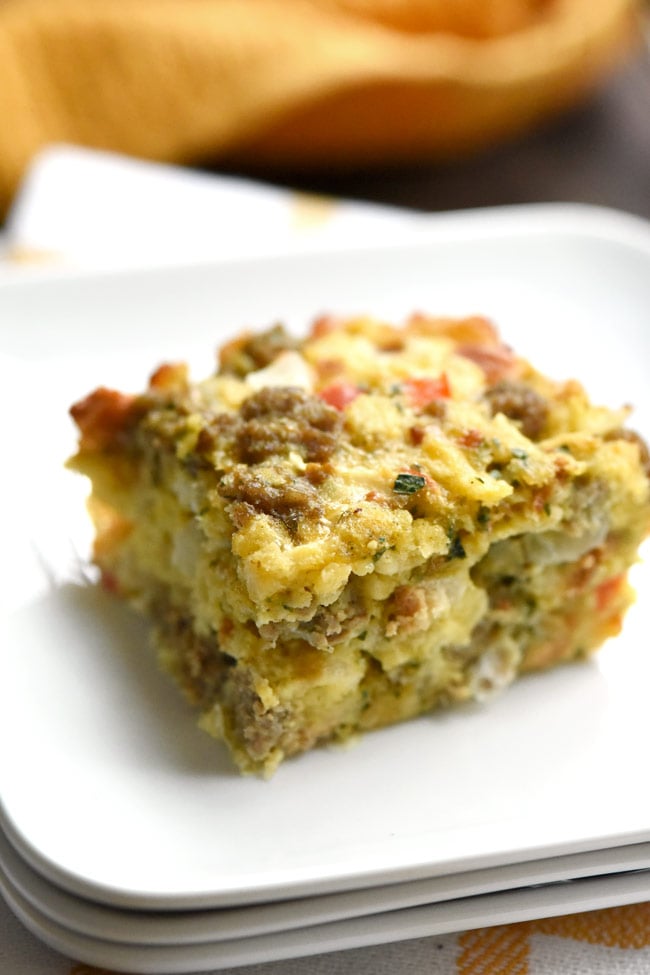 Breakfast Stuffing Casserole with peppers and sausage