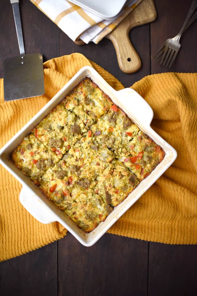 Breakfast Casserole made with stuffing, sausage and bell peppers