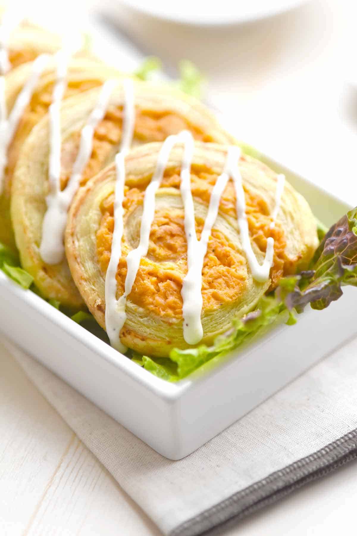 Buffalo Chicken Puff Pastry Pinwheels with Ranch Dressing