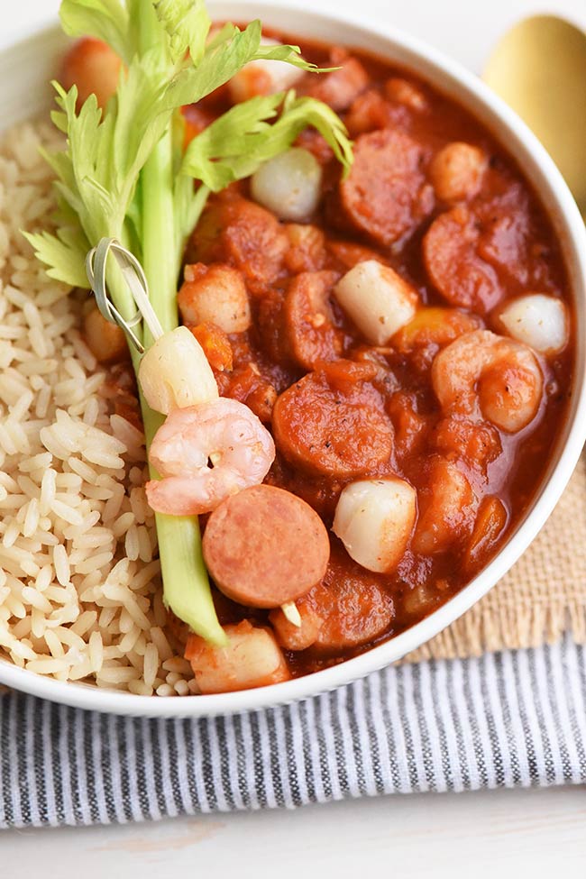 Cajun Sausage and Seafood Gumbo with rice