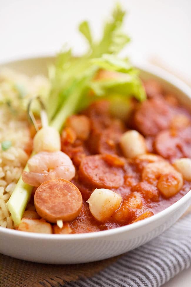 Cajun Sausage and Seafood Gumbo with shrimp, cod, and bay scallops