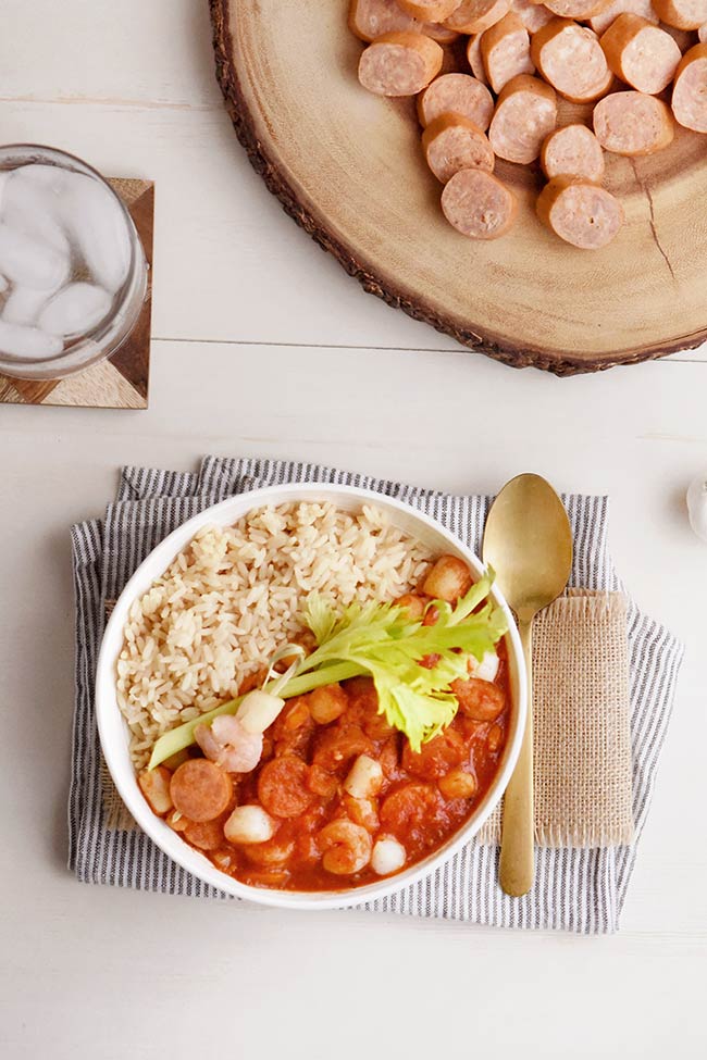 Cajun Sausage and Seafood Gumbo made with andouille sausage