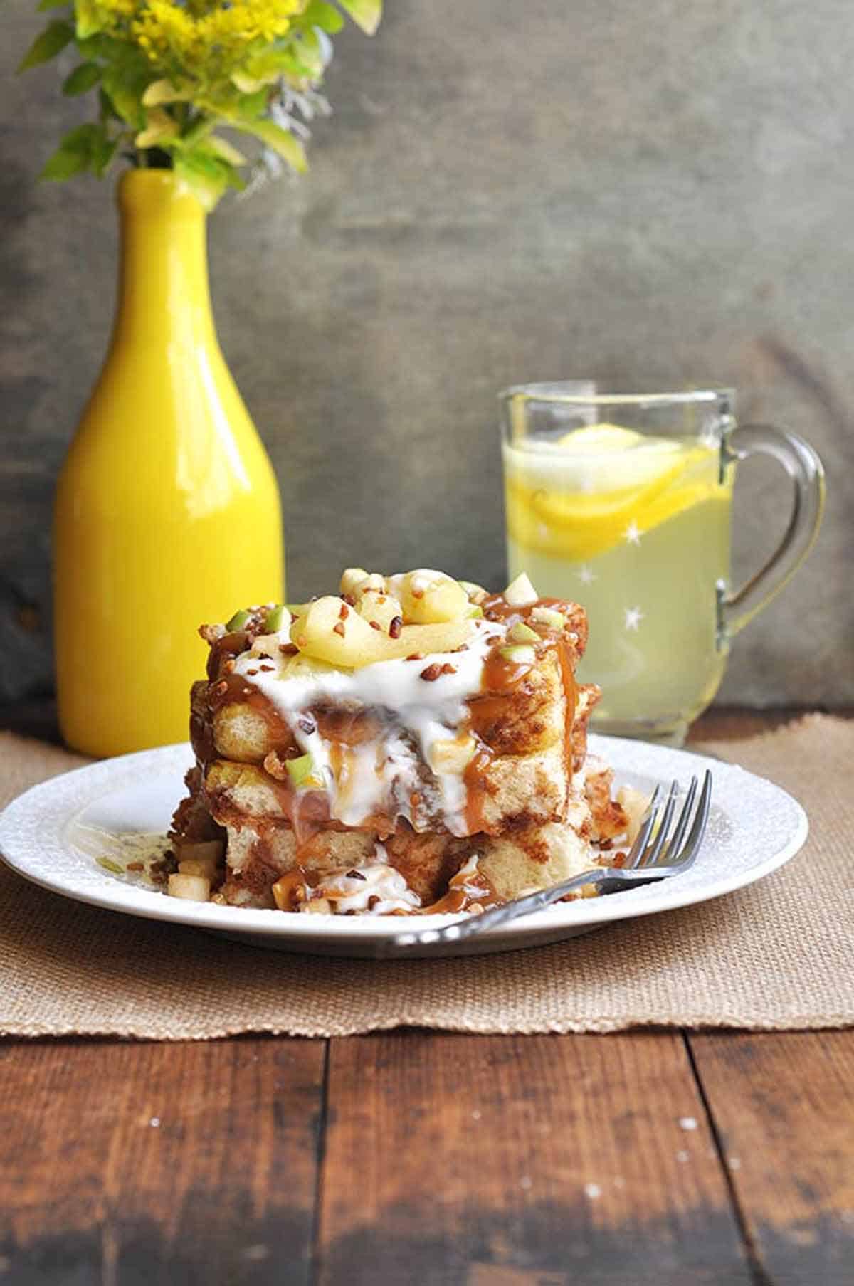 Cinnamon Bread French Toast with Caramel Sauce and Sautéed Apples