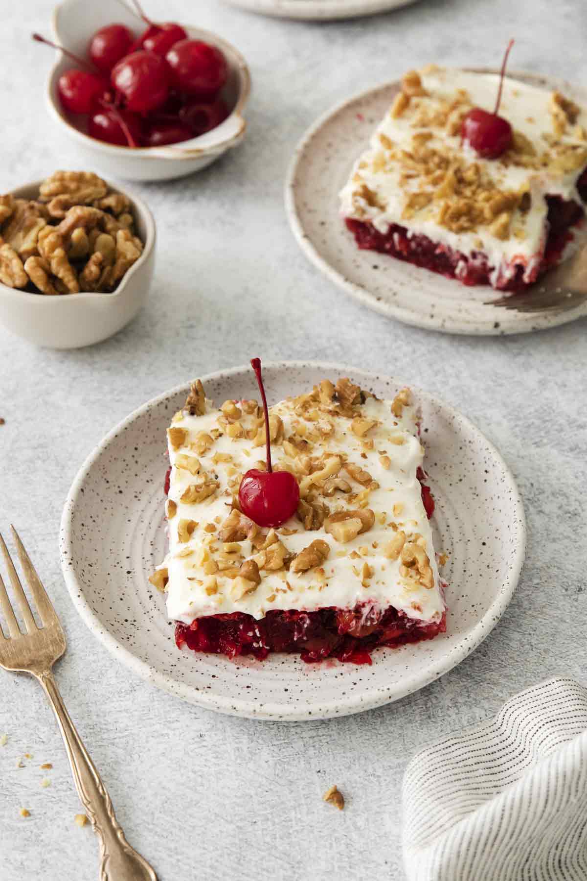 Jello Cream Cheese Dessert topped with Cherries