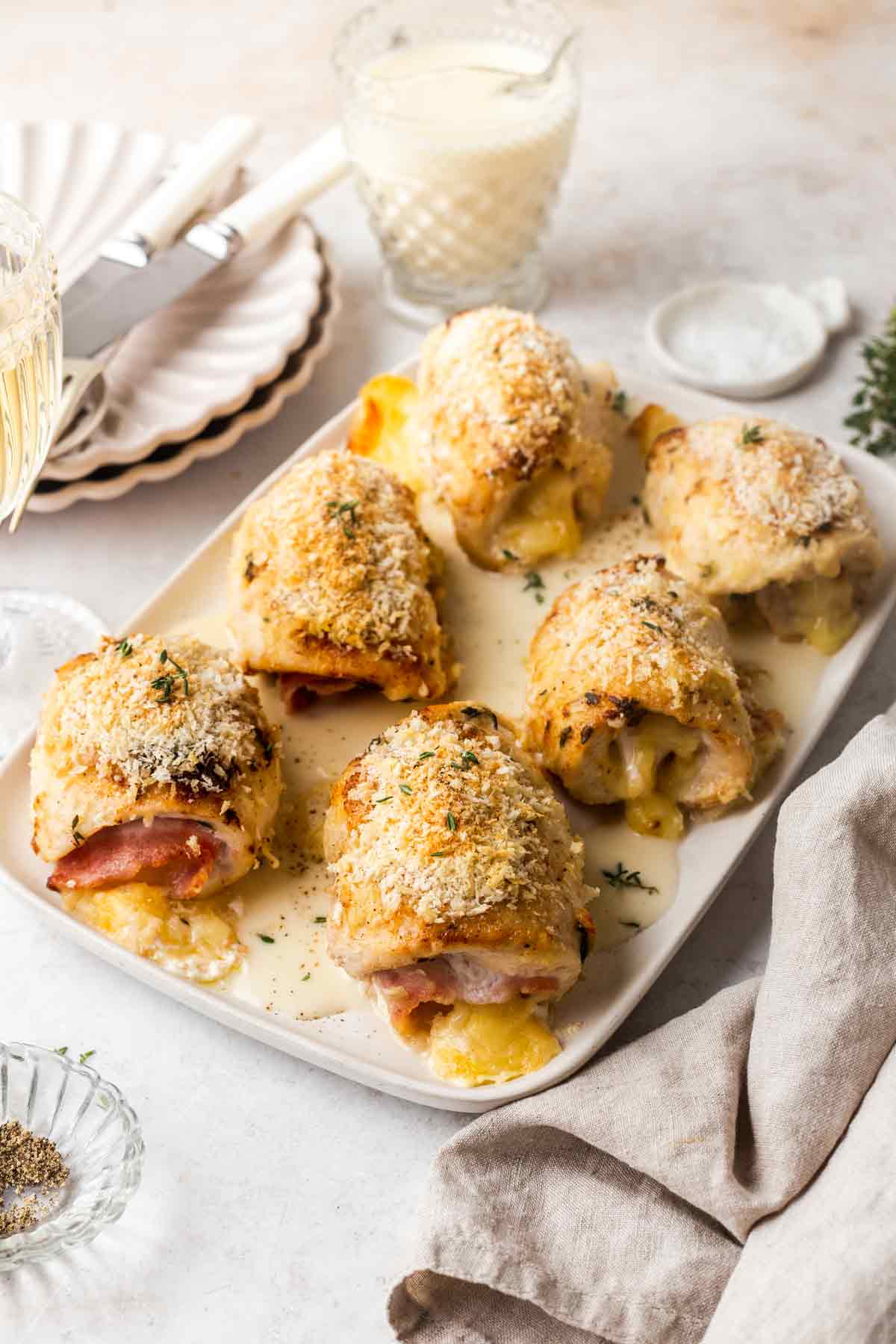 Baked Chicken Cordon Bleu with White Wine Sauce