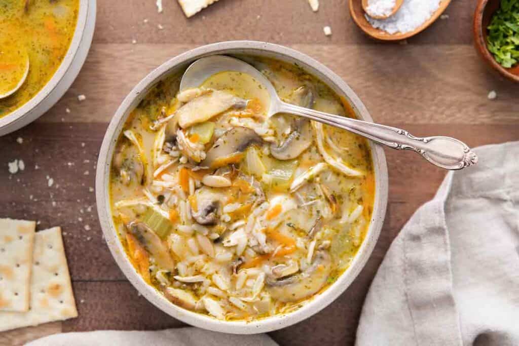 Bowl of Chicken Marsala Soup with Wild Rice