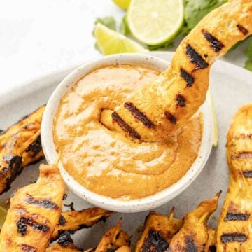 Marinated and Grilled Chicken Satay Skewers with Peanut Dipping Sauce