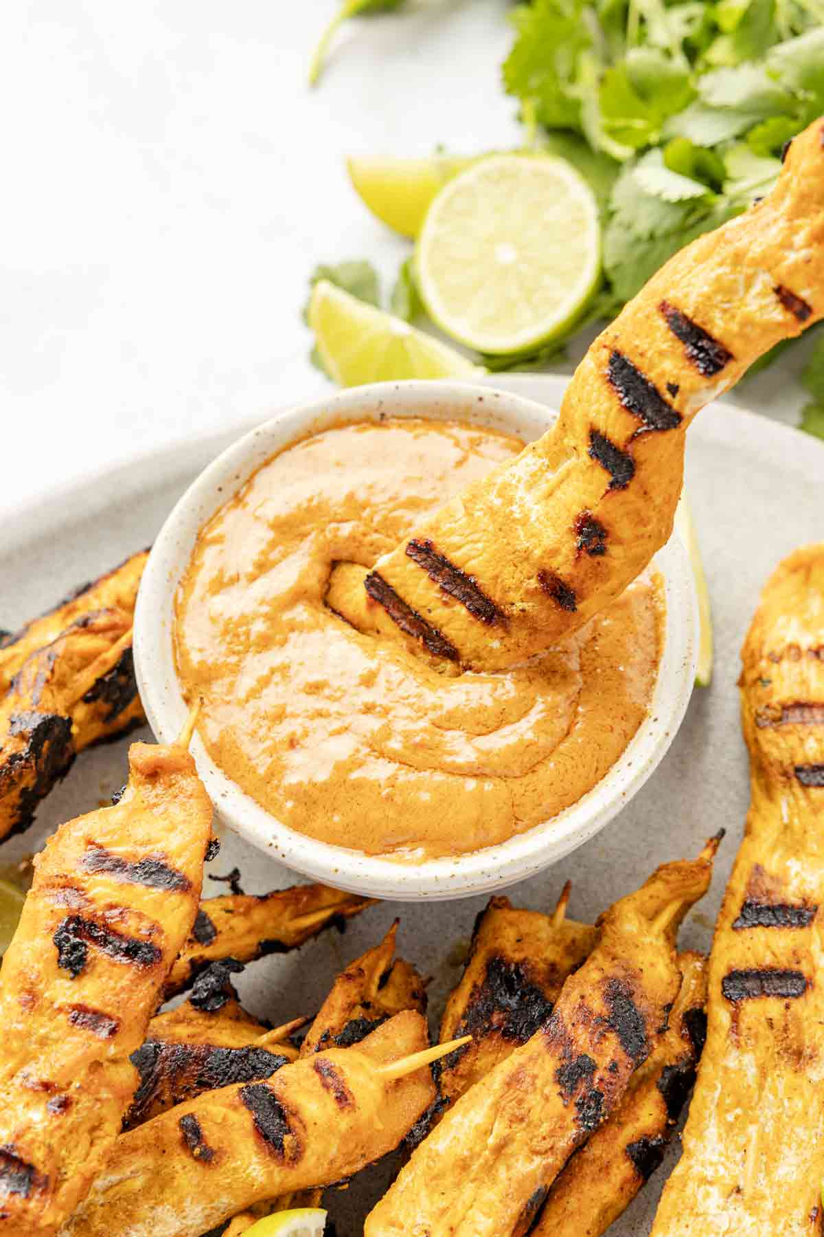 Marinated and Grilled Chicken Satay Skewers with Peanut Dipping Sauce