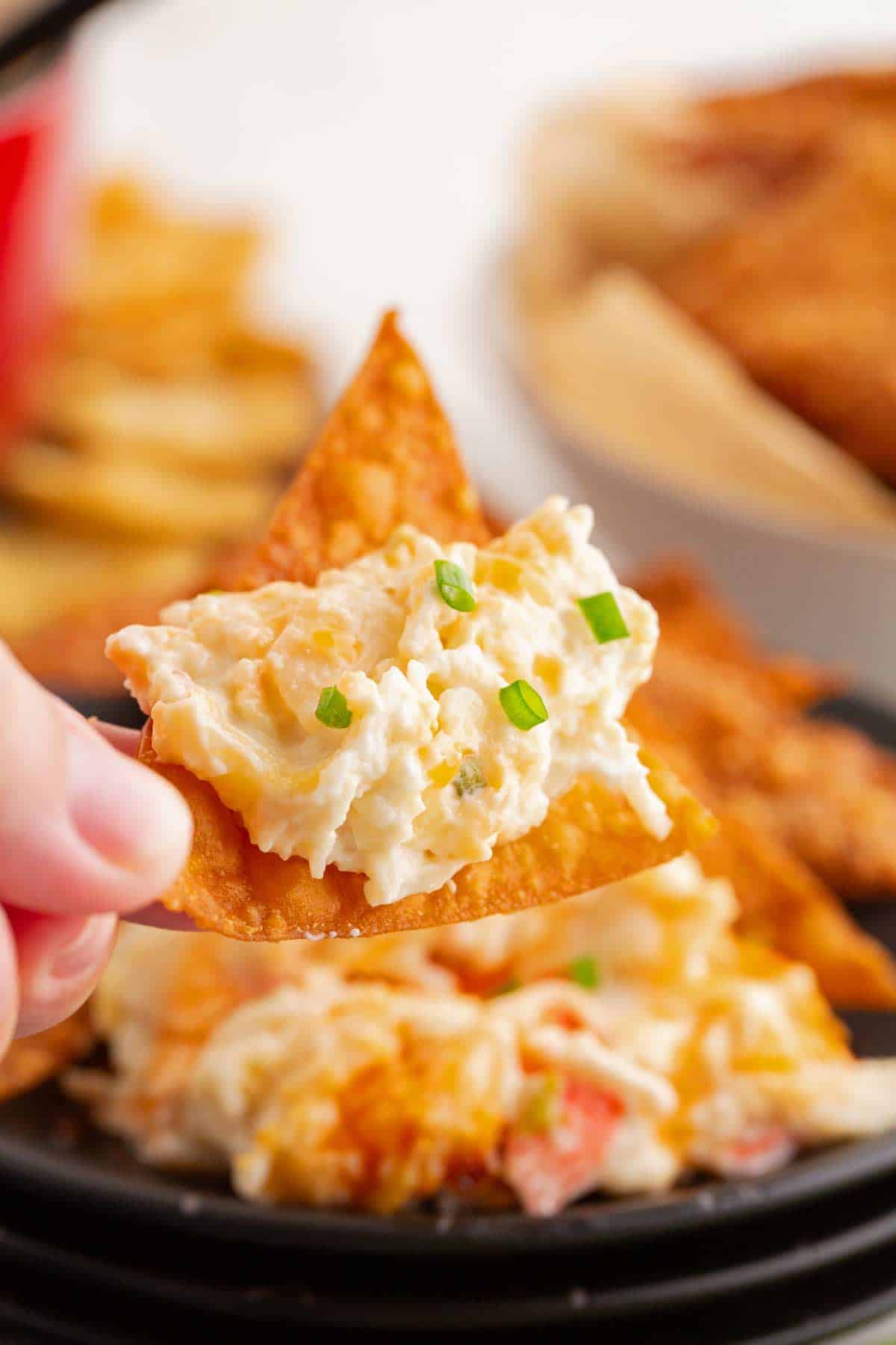 Crab Rangoon Dip with Homemade Won Ton Chips