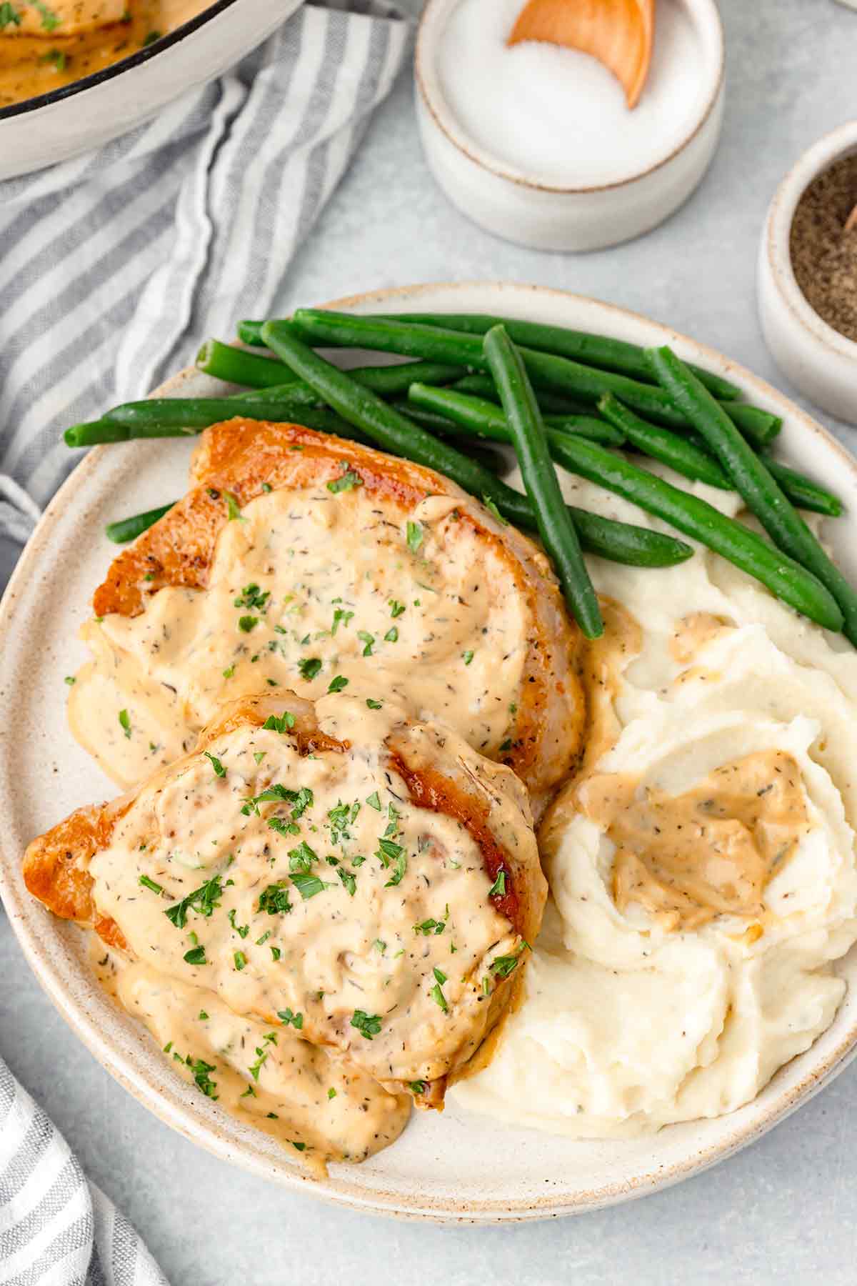 Creamy Dijon Pork Chops with Mashed Potatoes and Green Beans