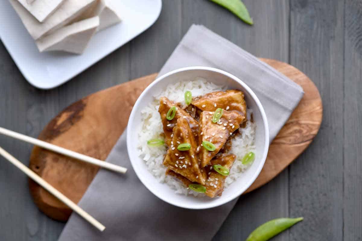 Fried Firm Tofu with Rice in a Bowl