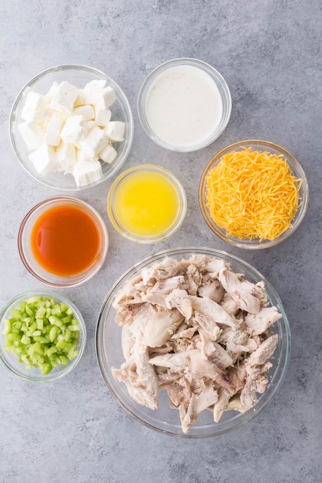 Ingredients for Crockpot Buffalo Chicken Dip