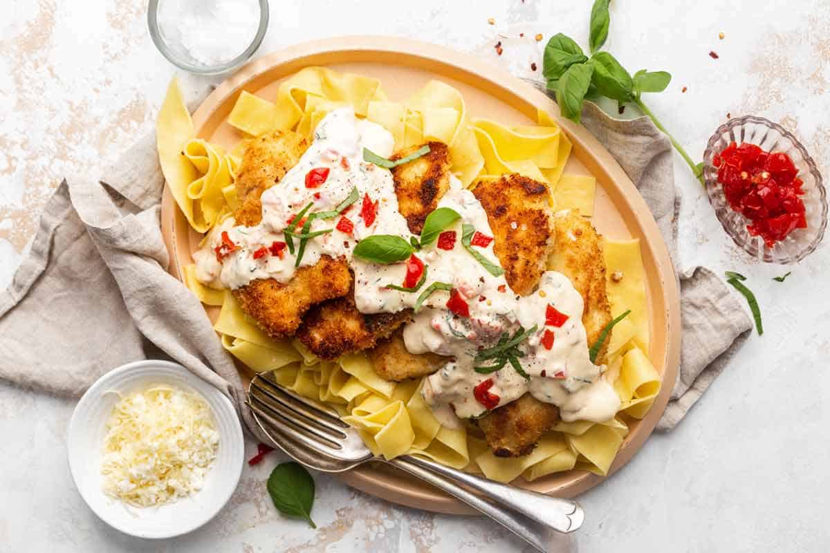 Italian Herb-crusted Chicken with Basil Cream Sauce and Pappardelle pasta (or egg noodles)