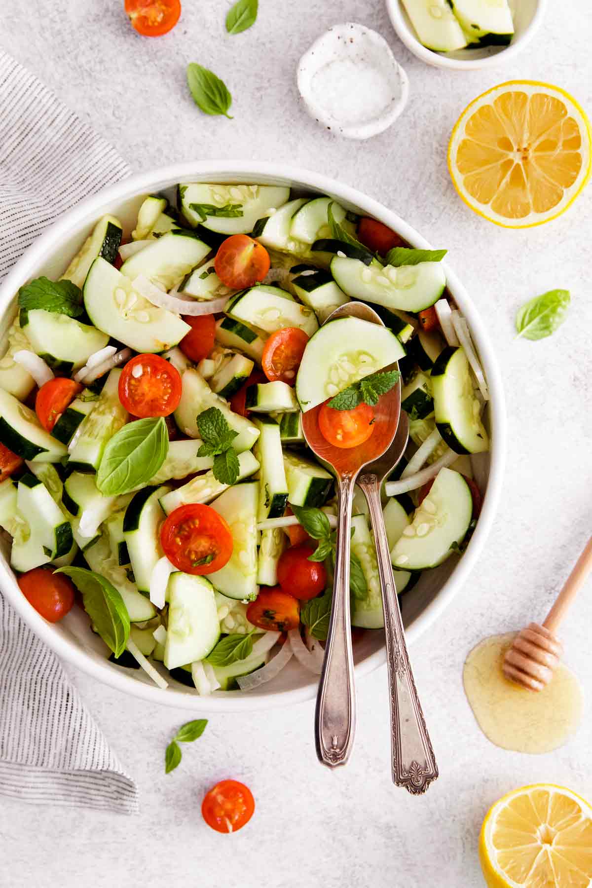 Cucumber Tomato Onion Salad in Serving Bowl