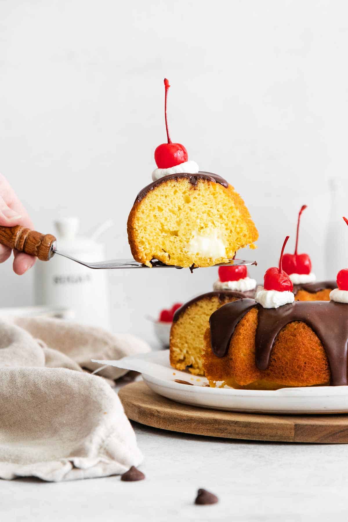 Slice of Boston Cream Bundt Cake