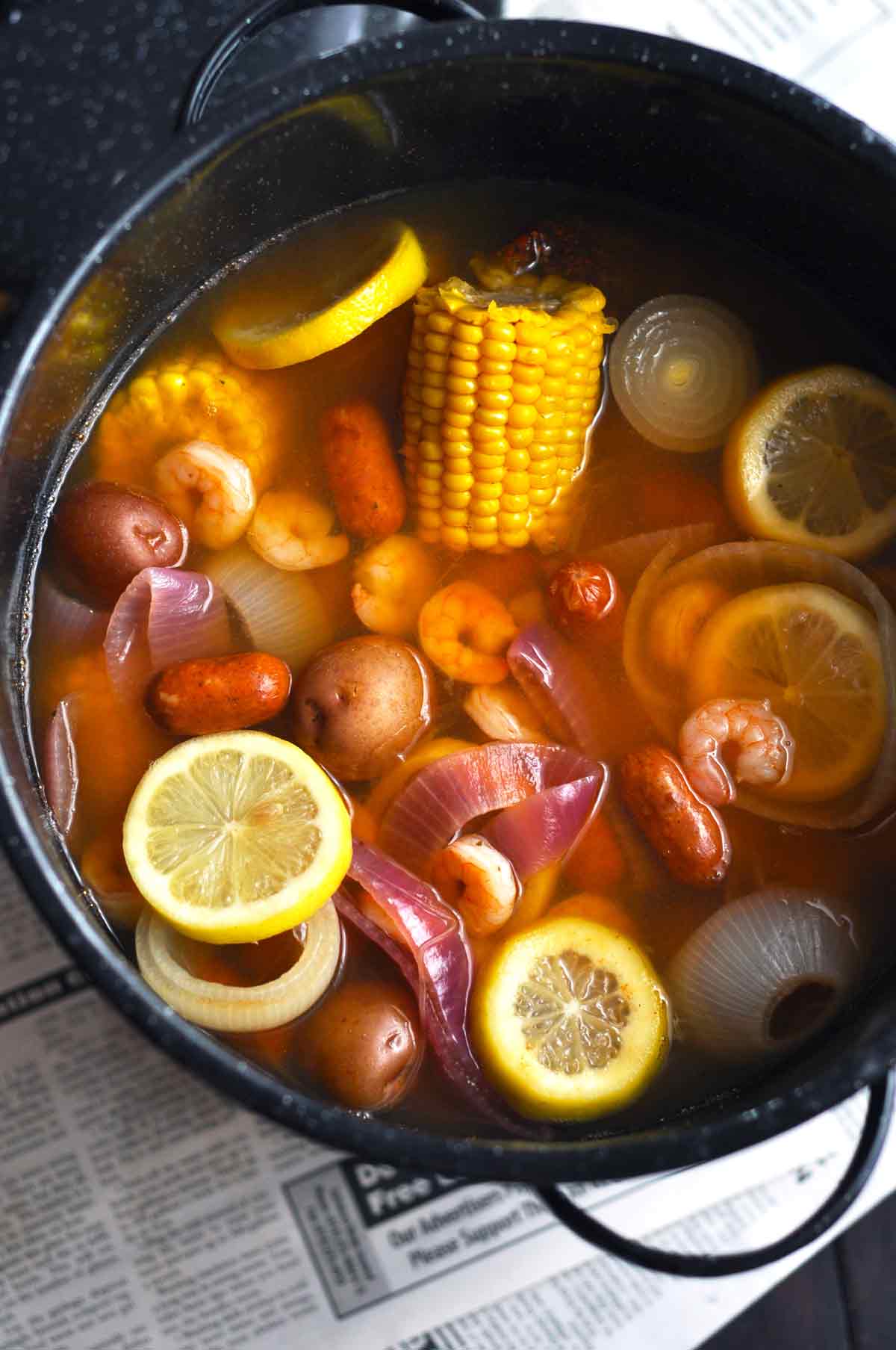 Seafood Boil with shrimp, potatoes, corn and sausage