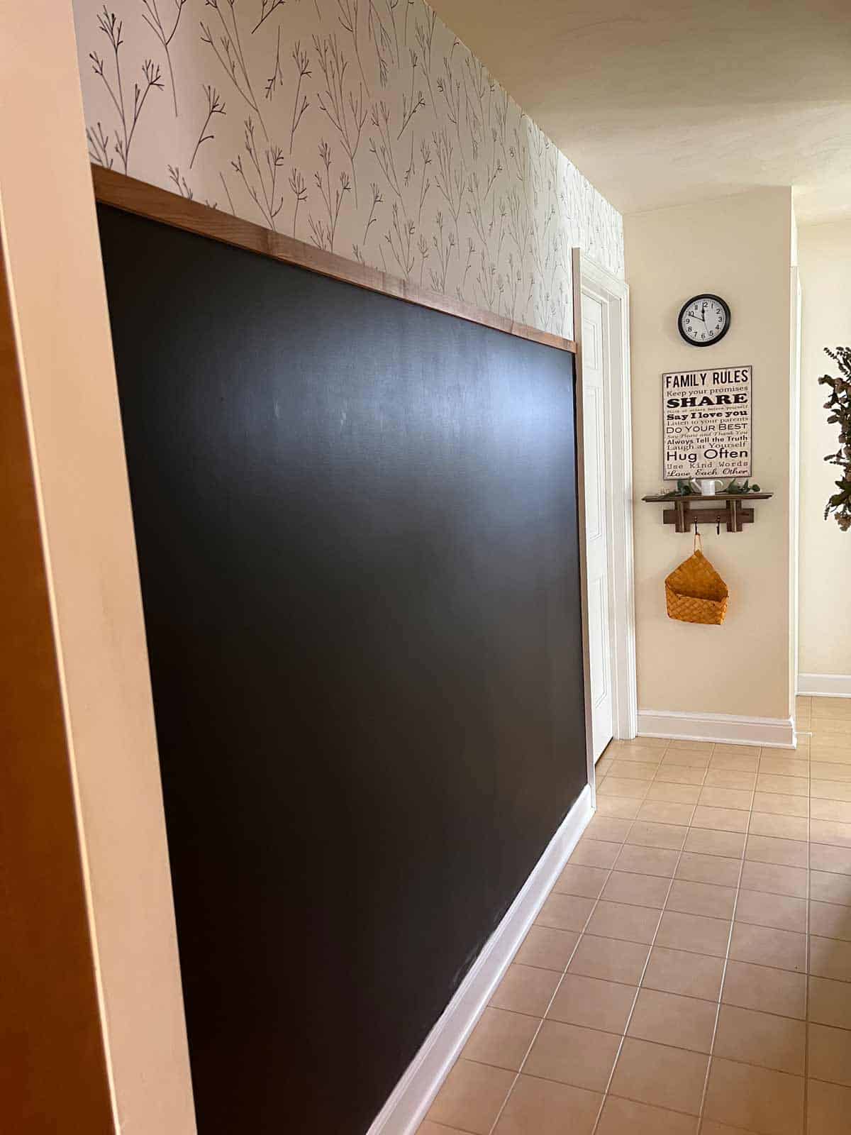 Chalkboard Wall with Wood Trim and Wallpaper