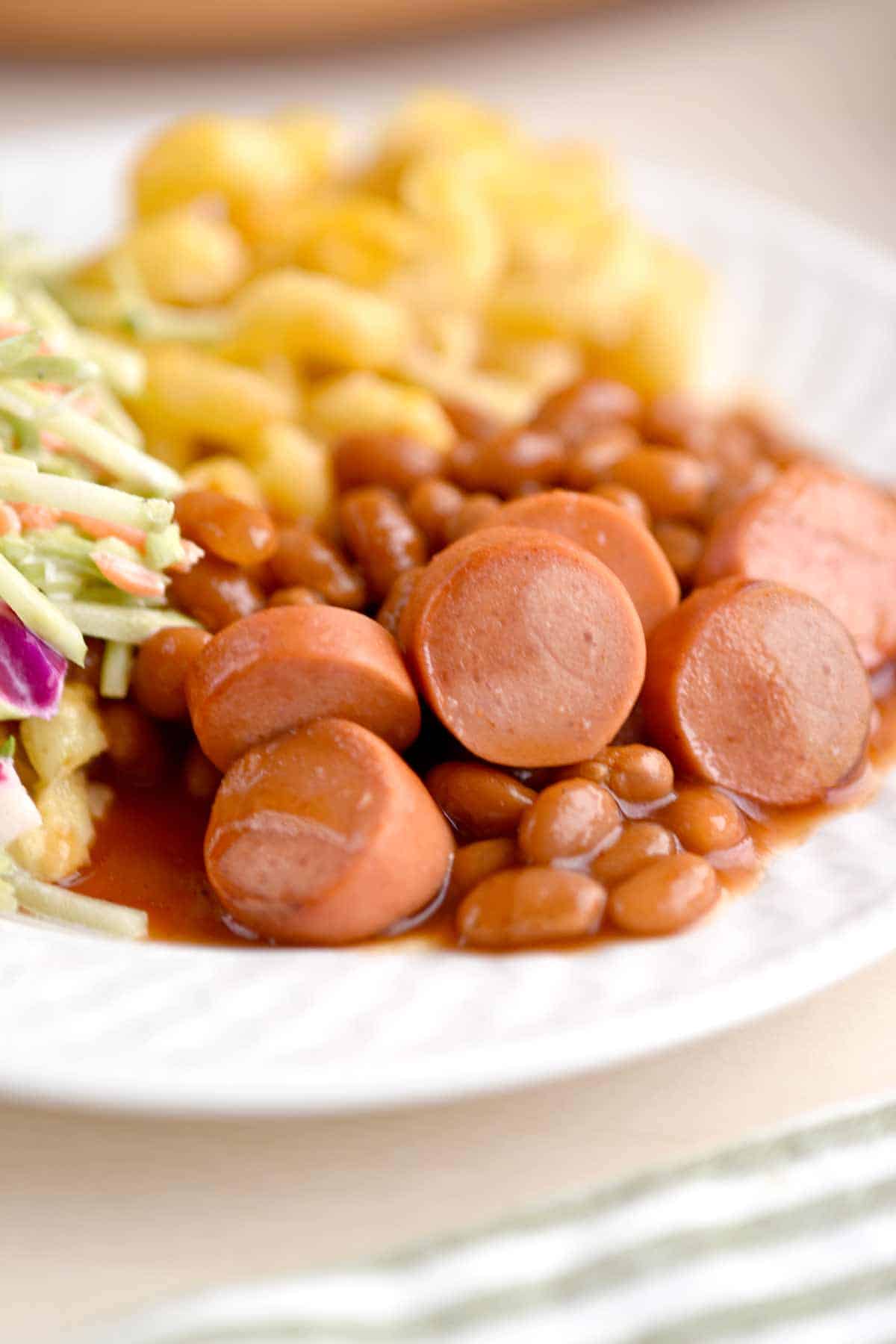 Franks and Beans with Mac and Cheese and Cole Slaw Dinner