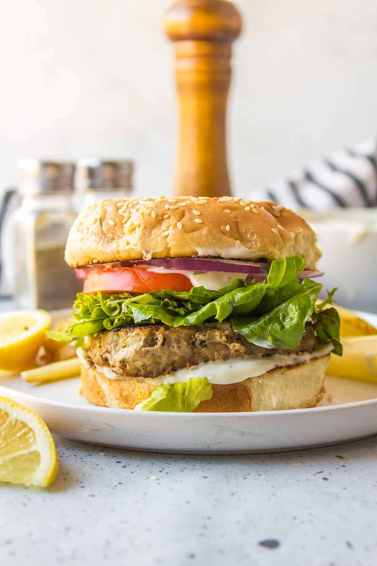 Greek Burger with Tzatziki sauce, Lettuce, Tomato and Red Onion
