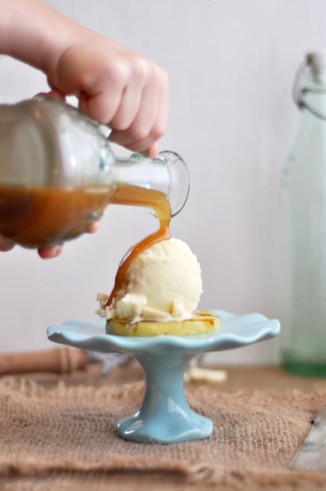 Grilled Pineapple with ice cream and rum sauce