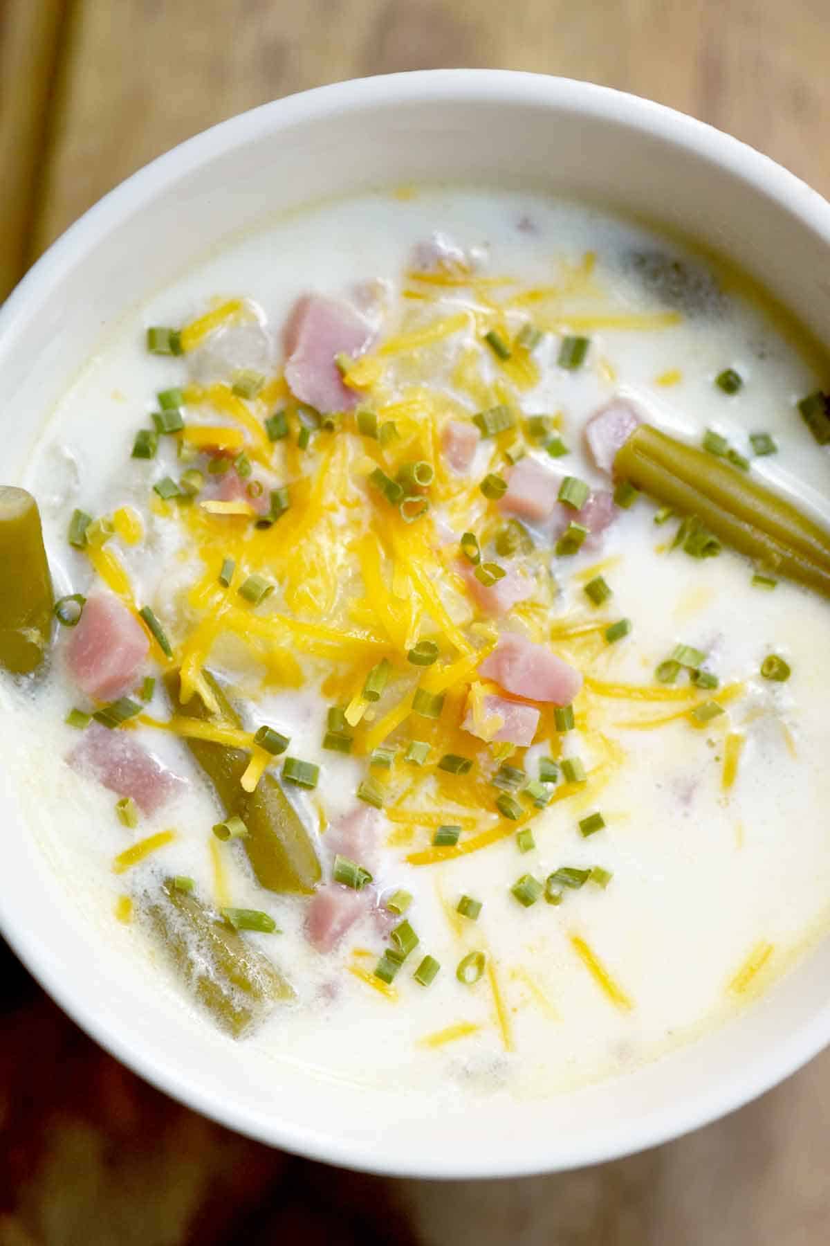 Ham Green Bean Potato Soup with Cheese and Chives