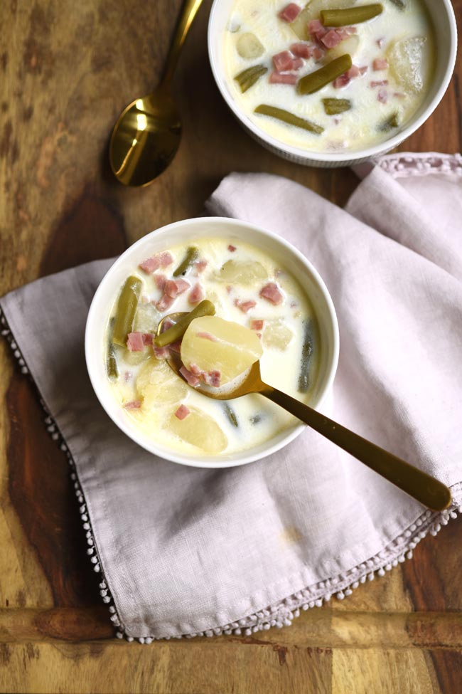 Two bowls of Ham Potato Green Bean Soup