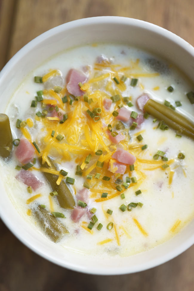 Ham Potato Green Bean Soup with cheese and chives