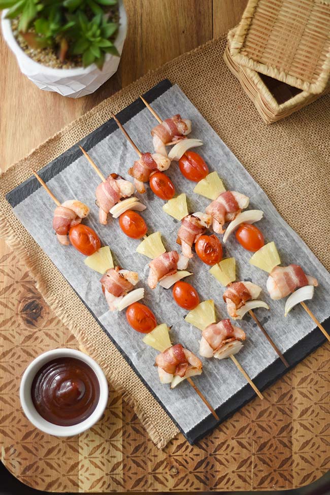 Hawaiian Kabobs with Bacon-wrapped Shrimp and Pineapple