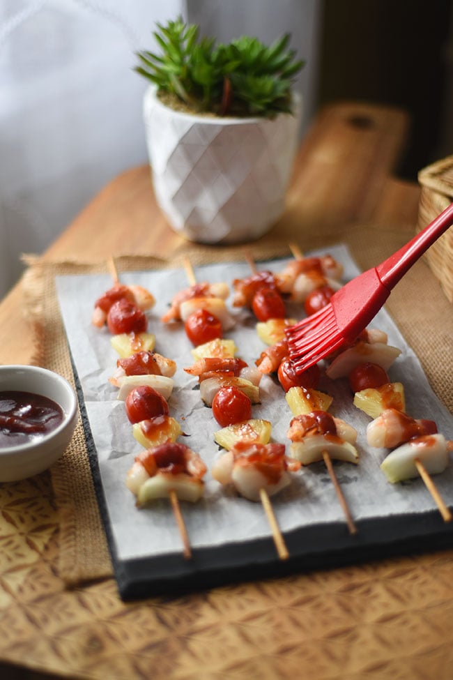 Hawaiian Kabobs with Bacon-wrapped Shrimp and Pineapple