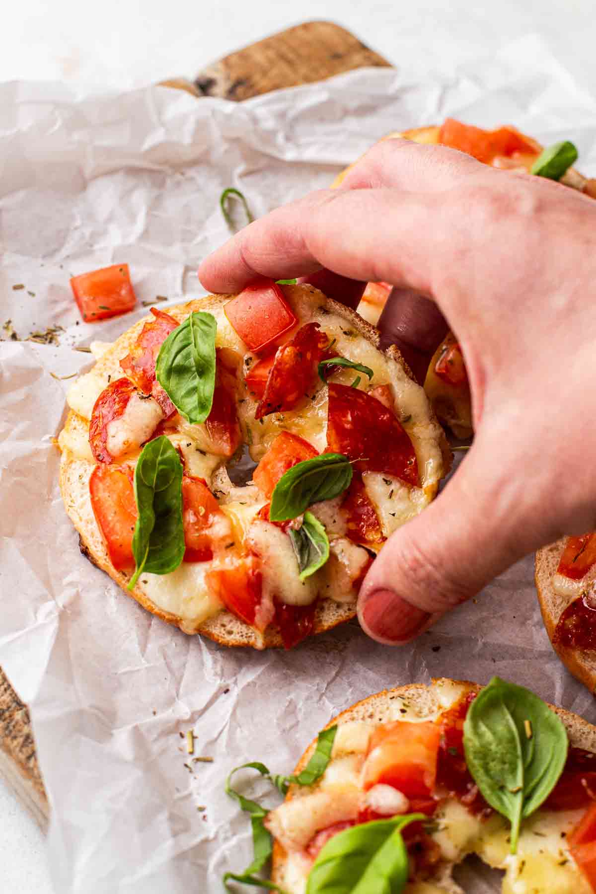 Homemade Pizza Bagels with Fresh Basil and Tomatoes
