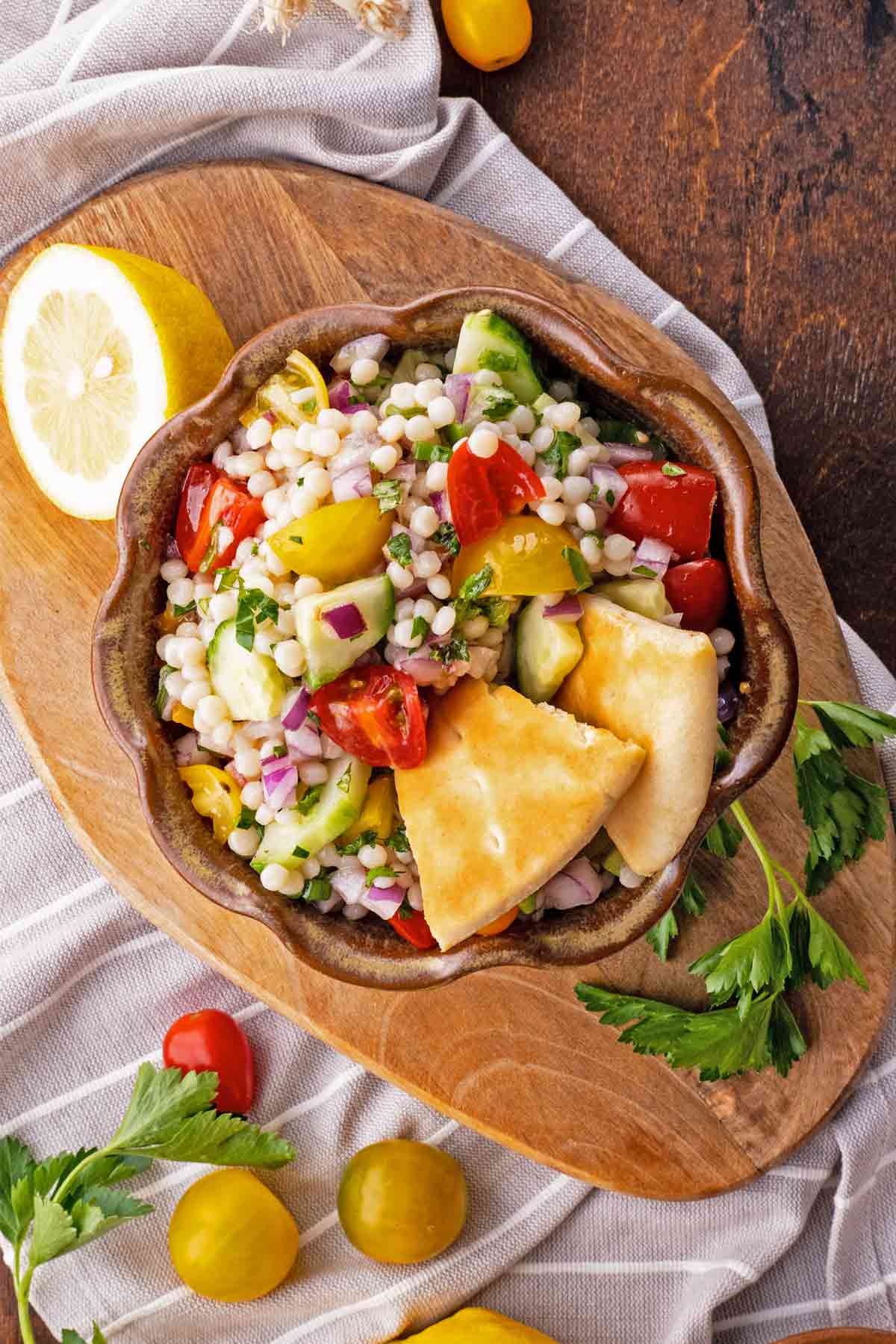 Israeli Couscous Salad with Toasted Pita Chips