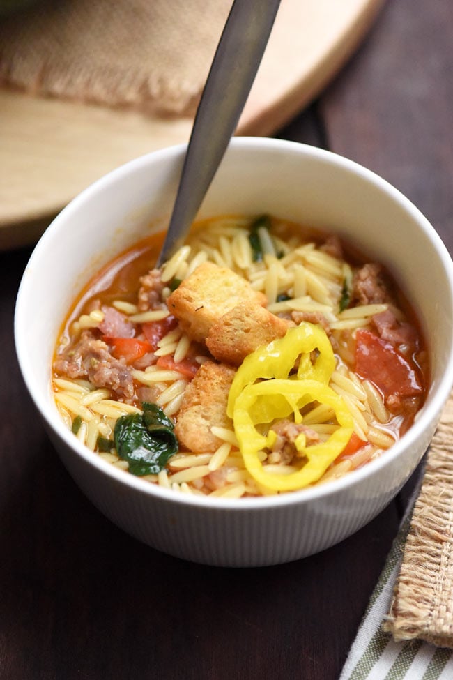 Italian Sub Orzo Soup with Banana Peppers