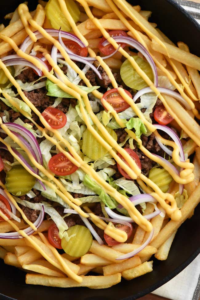 Loaded Cheeseburger Fries in Skillet