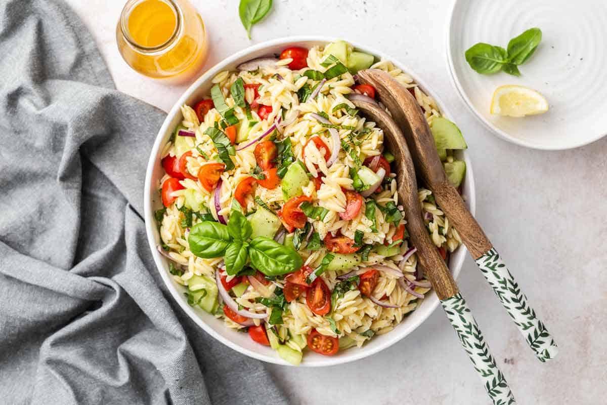 Cucumber Tomato Orzo Pasta Salad with Honey-Lemon-Mint Basil Dressing