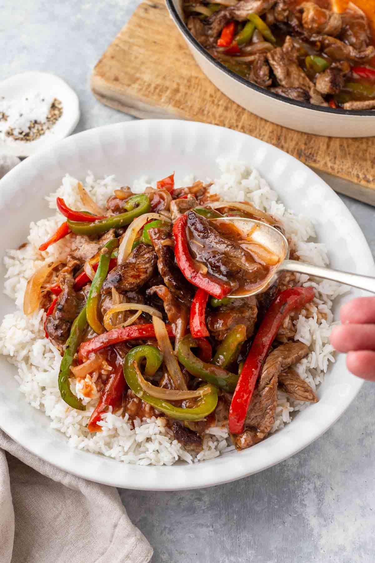 Pepper Streak with gravy over rice